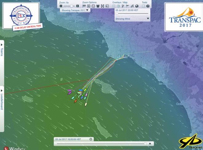 YB tracker data shows the fleet clear of Catalina in the first night of the race, with some committing early to their westward strategies © Transpacific Yacht Club